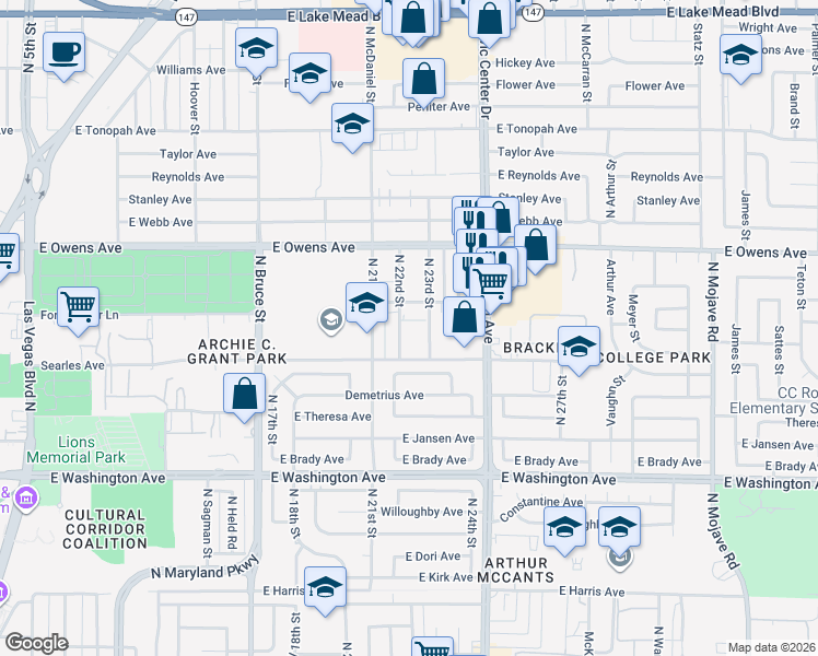 map of restaurants, bars, coffee shops, grocery stores, and more near 1324 North 22nd Street in Las Vegas