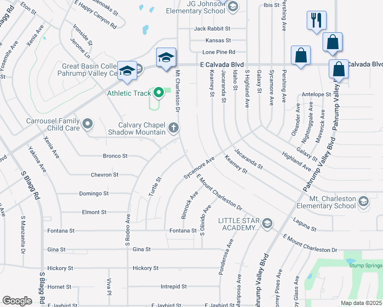map of restaurants, bars, coffee shops, grocery stores, and more near 2384 Mount Charleston Drive in Pahrump