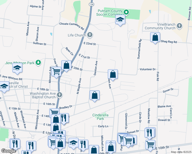 map of restaurants, bars, coffee shops, grocery stores, and more near 1961 Denton Avenue in Cookeville