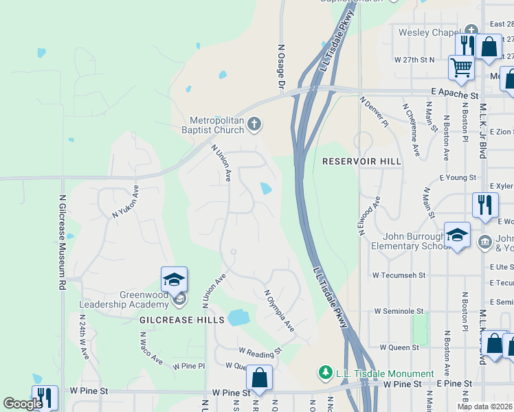 map of restaurants, bars, coffee shops, grocery stores, and more near 1334 West Woodrow Street in Tulsa