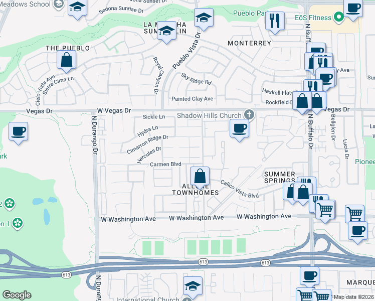map of restaurants, bars, coffee shops, grocery stores, and more near 8053 Draco Circle in Las Vegas
