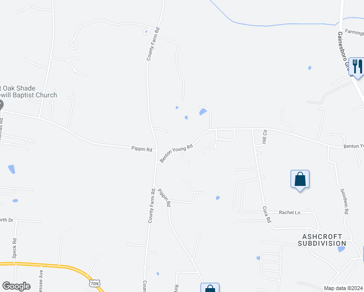map of restaurants, bars, coffee shops, grocery stores, and more near 2465 Benton Young Road in Cookeville