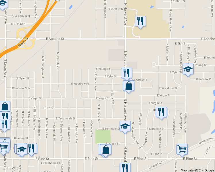 map of restaurants, bars, coffee shops, grocery stores, and more near 3142 East Woodrow Place in Tulsa