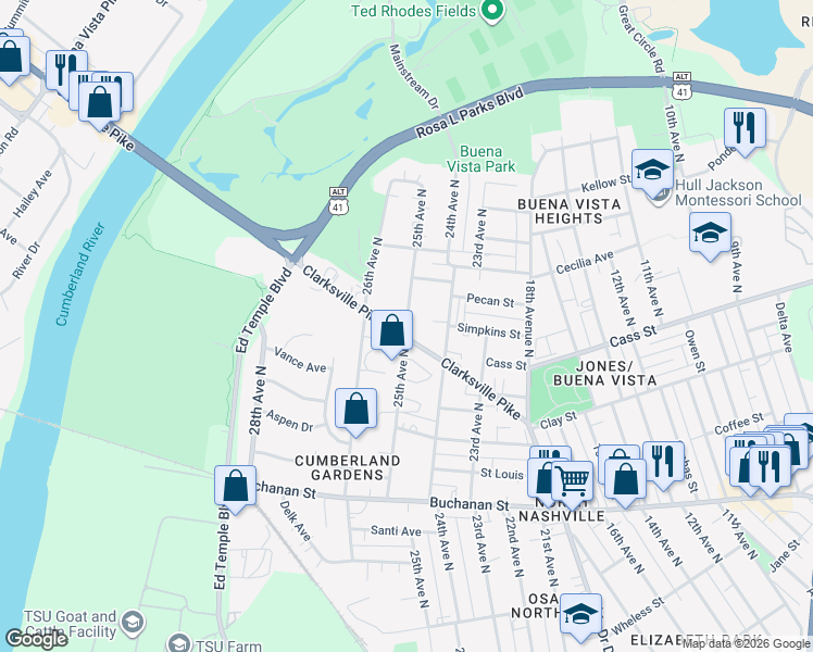 map of restaurants, bars, coffee shops, grocery stores, and more near 2101 25th Avenue North in Nashville