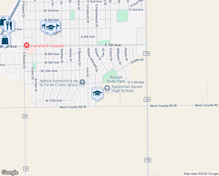 map of restaurants, bars, coffee shops, grocery stores, and more near East 11th Avenue in Spearman
