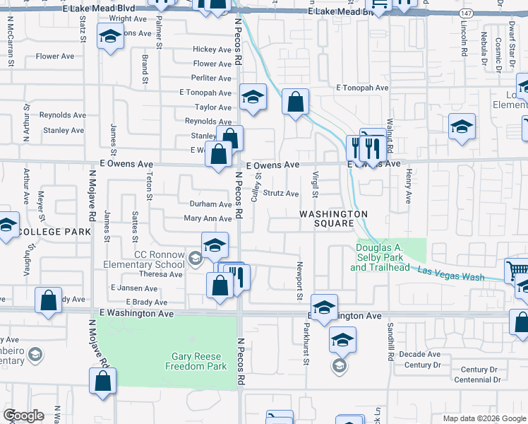 map of restaurants, bars, coffee shops, grocery stores, and more near 3600 Guinevere Avenue in Las Vegas