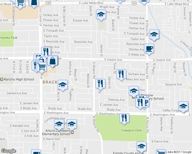 map of restaurants, bars, coffee shops, grocery stores, and more near 1408 North Mojave Road in Las Vegas