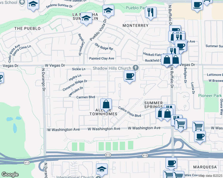 map of restaurants, bars, coffee shops, grocery stores, and more near 132 North Cimarron Road in Las Vegas