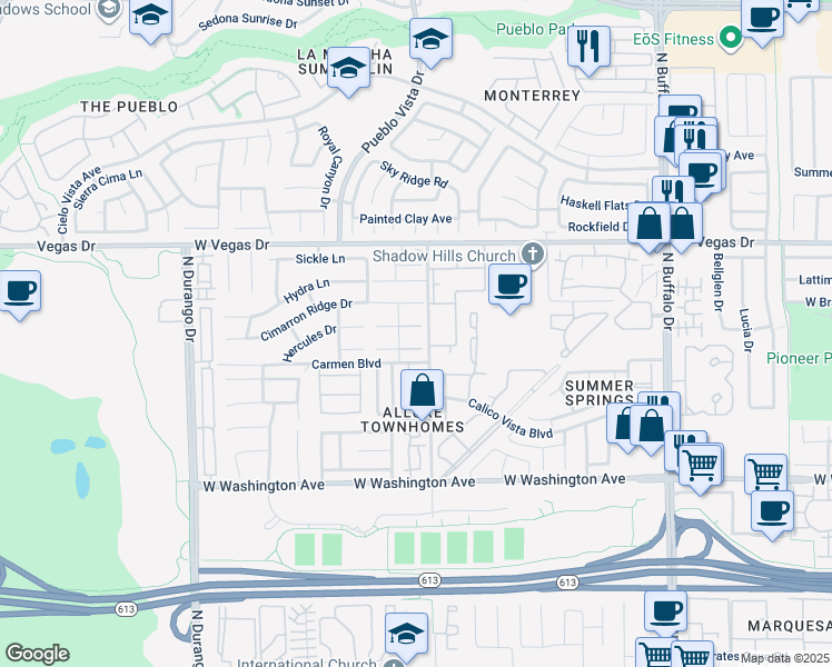 map of restaurants, bars, coffee shops, grocery stores, and more near 132 North Cimarron Road in Las Vegas