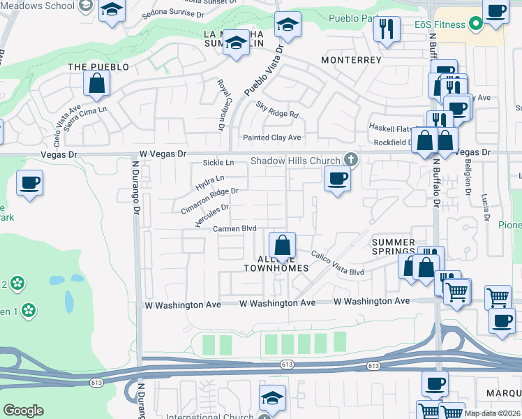 map of restaurants, bars, coffee shops, grocery stores, and more near 8053 Draco Circle in Las Vegas