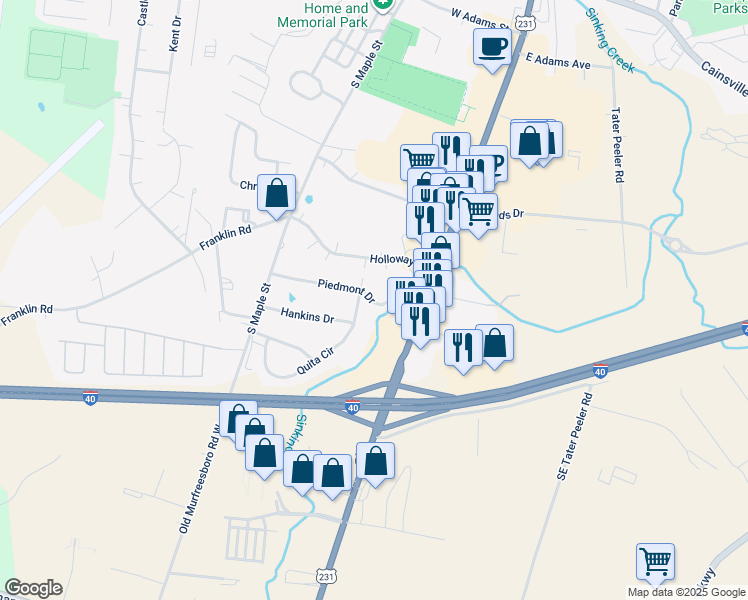 map of restaurants, bars, coffee shops, grocery stores, and more near 117 Piedmont Drive in Lebanon