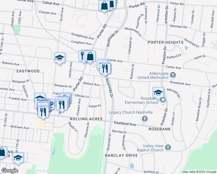 map of restaurants, bars, coffee shops, grocery stores, and more near 933 Riverside Drive in Nashville