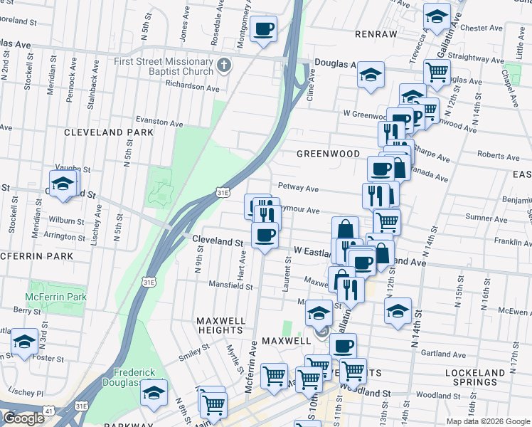 map of restaurants, bars, coffee shops, grocery stores, and more near 938 Seymour Avenue in Nashville