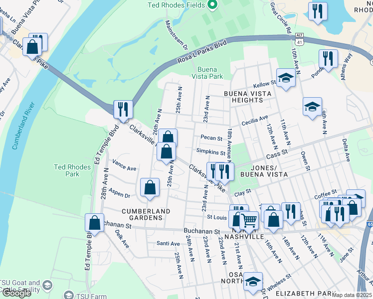 map of restaurants, bars, coffee shops, grocery stores, and more near 2122 24th Avenue North in Nashville