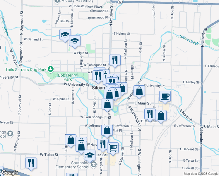 map of restaurants, bars, coffee shops, grocery stores, and more near in Siloam Springs
