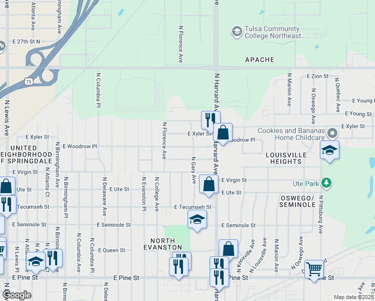 map of restaurants, bars, coffee shops, grocery stores, and more near 3142 East Woodrow Place in Tulsa