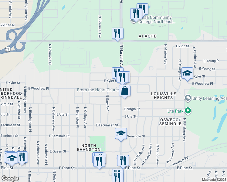 map of restaurants, bars, coffee shops, grocery stores, and more near 3220 East Woodrow Place in Tulsa