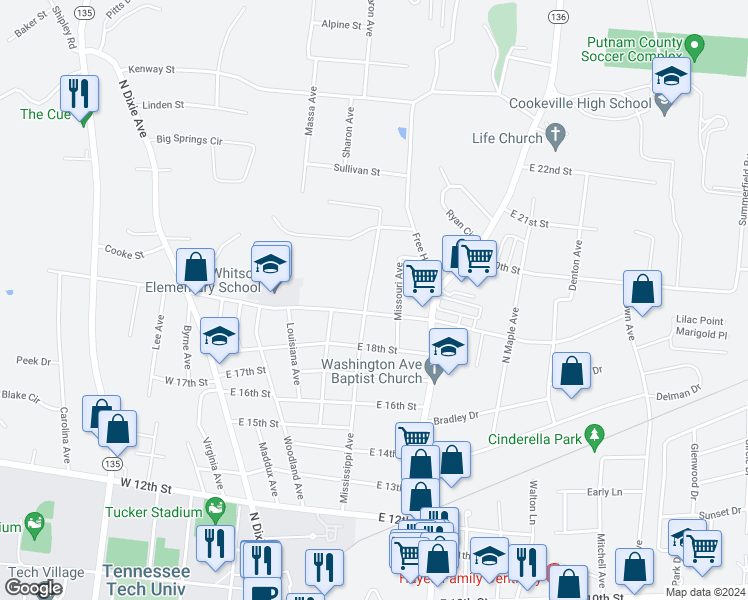 map of restaurants, bars, coffee shops, grocery stores, and more near 1901 Mississippi Avenue in Cookeville