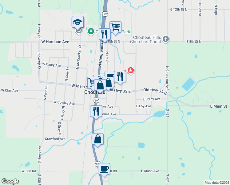 map of restaurants, bars, coffee shops, grocery stores, and more near 115 East Main Street in Chouteau