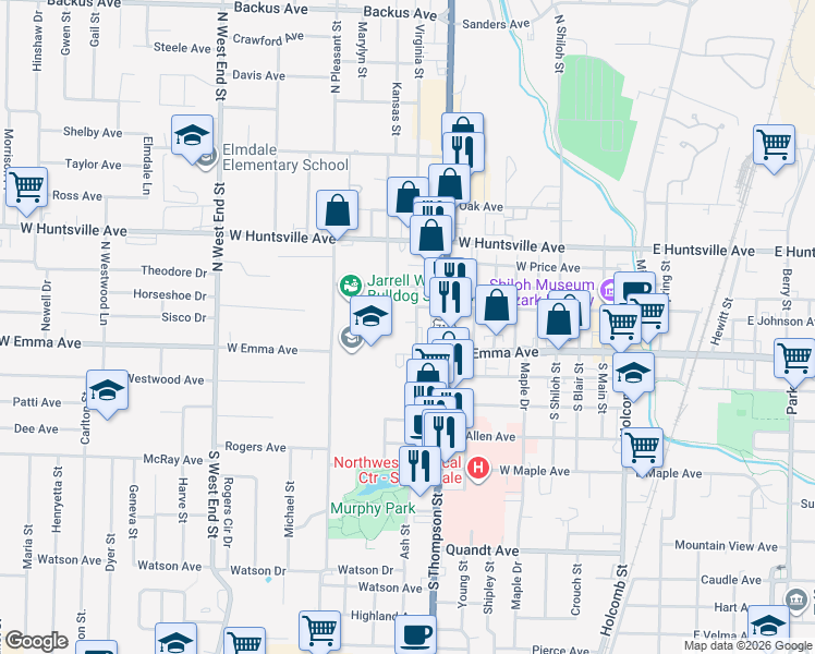 map of restaurants, bars, coffee shops, grocery stores, and more near 118 Virginia Street in Springdale