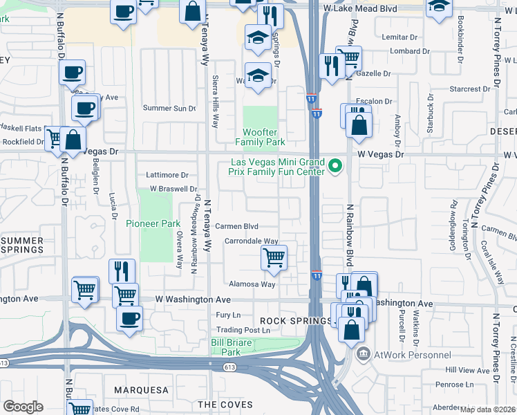 map of restaurants, bars, coffee shops, grocery stores, and more near 7108 Copperleaf Drive in Las Vegas