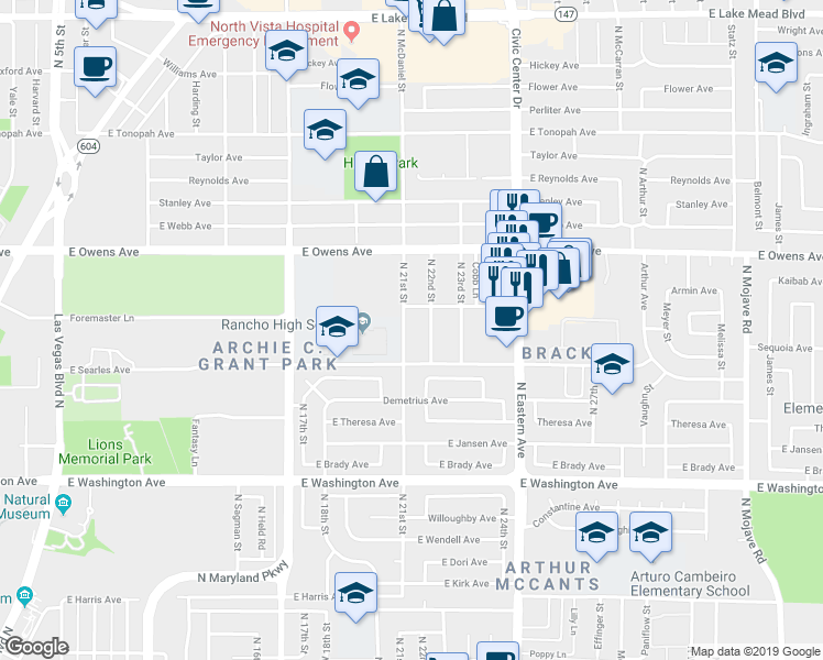 map of restaurants, bars, coffee shops, grocery stores, and more near 1400 North 21st Street in Las Vegas