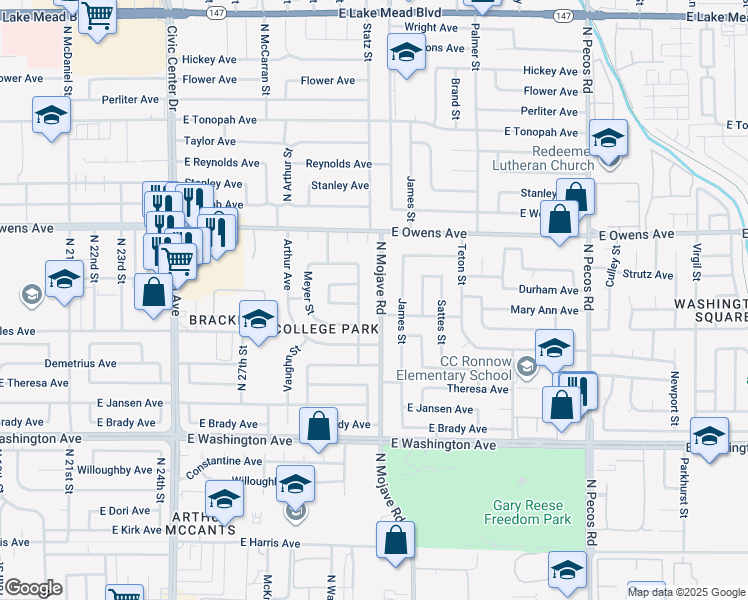 map of restaurants, bars, coffee shops, grocery stores, and more near 1413 North Mojave Road in Las Vegas
