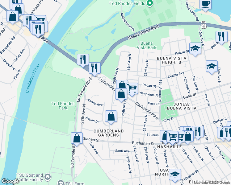 map of restaurants, bars, coffee shops, grocery stores, and more near 2521 Clarksville Pike in Nashville