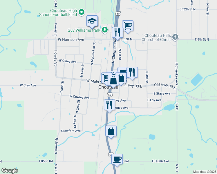 map of restaurants, bars, coffee shops, grocery stores, and more near in Chouteau