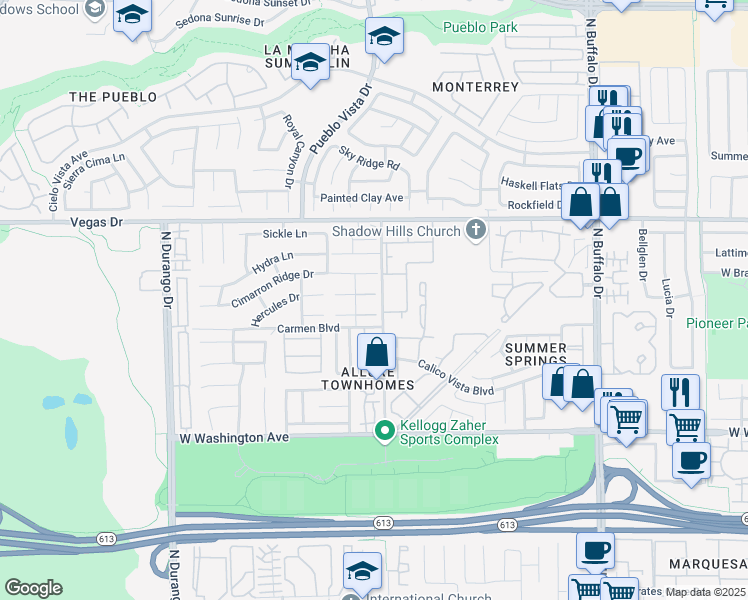 map of restaurants, bars, coffee shops, grocery stores, and more near 8005 Draco Circle in Las Vegas