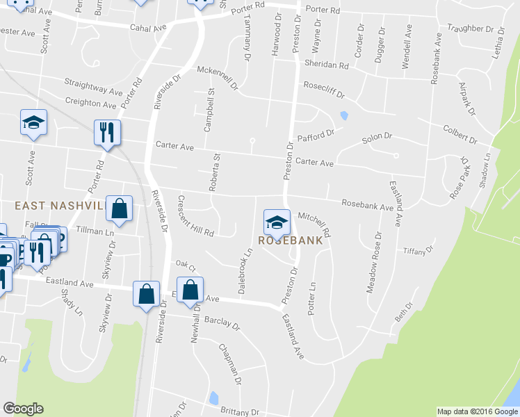 map of restaurants, bars, coffee shops, grocery stores, and more near 967 Dalebrook Lane in Nashville