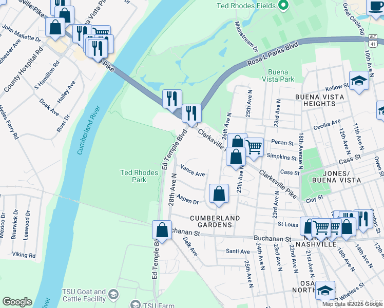 map of restaurants, bars, coffee shops, grocery stores, and more near 2706 O Neal Drive in Nashville