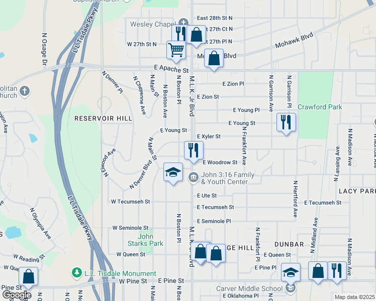 map of restaurants, bars, coffee shops, grocery stores, and more near 2212 North Cincinnati Avenue in Tulsa