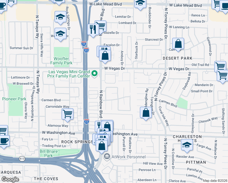map of restaurants, bars, coffee shops, grocery stores, and more near 6656 Prospect Claim Court in Las Vegas