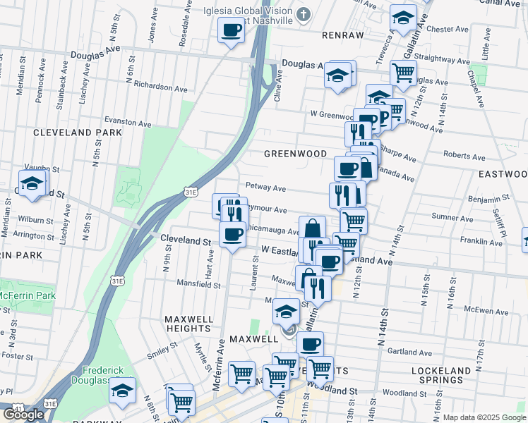 map of restaurants, bars, coffee shops, grocery stores, and more near 1000 Seymour Avenue in Nashville