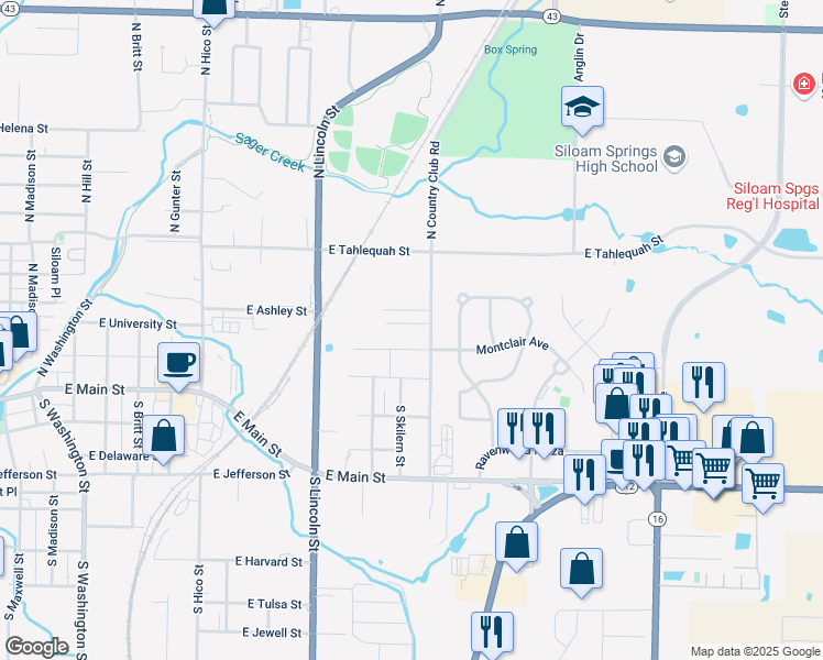 map of restaurants, bars, coffee shops, grocery stores, and more near 1752 Park Drive in Siloam Springs