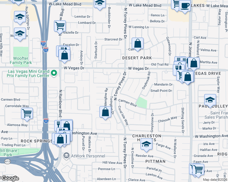 map of restaurants, bars, coffee shops, grocery stores, and more near 1373 Torington Drive in Las Vegas