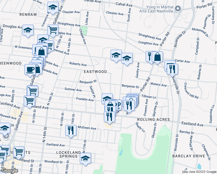 map of restaurants, bars, coffee shops, grocery stores, and more near 211 Manchester Avenue in Nashville