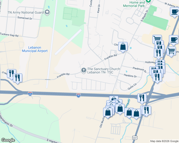 map of restaurants, bars, coffee shops, grocery stores, and more near 415 Franklin Road in Lebanon