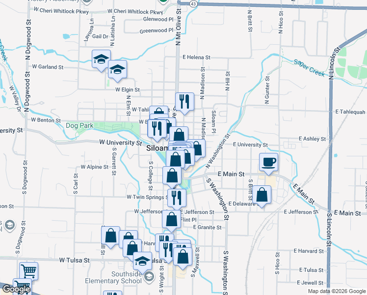 map of restaurants, bars, coffee shops, grocery stores, and more near 127 North Broadway Street in Siloam Springs