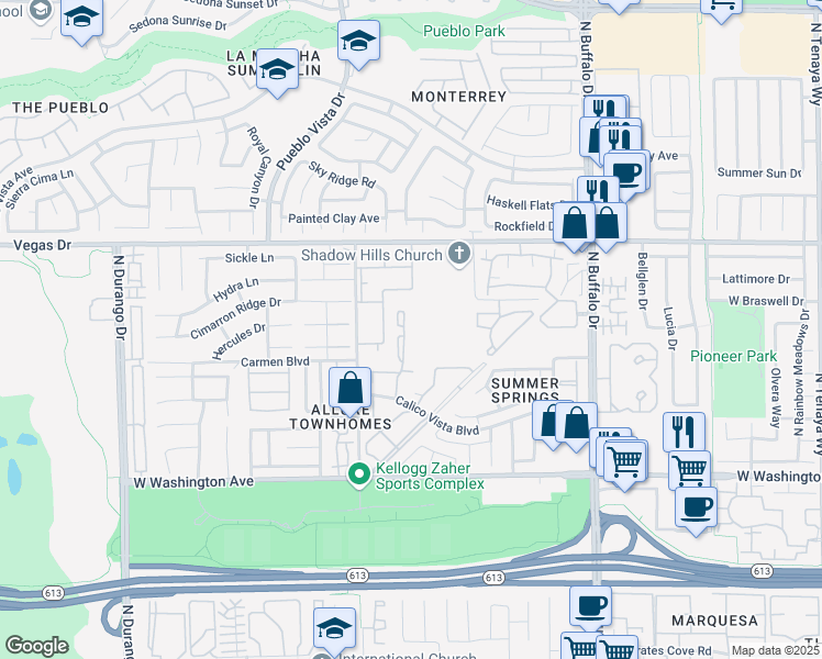 map of restaurants, bars, coffee shops, grocery stores, and more near 1320 Pinto Rock Lane in Las Vegas