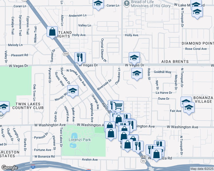 map of restaurants, bars, coffee shops, grocery stores, and more near 1131 Tamerack Avenue in Las Vegas