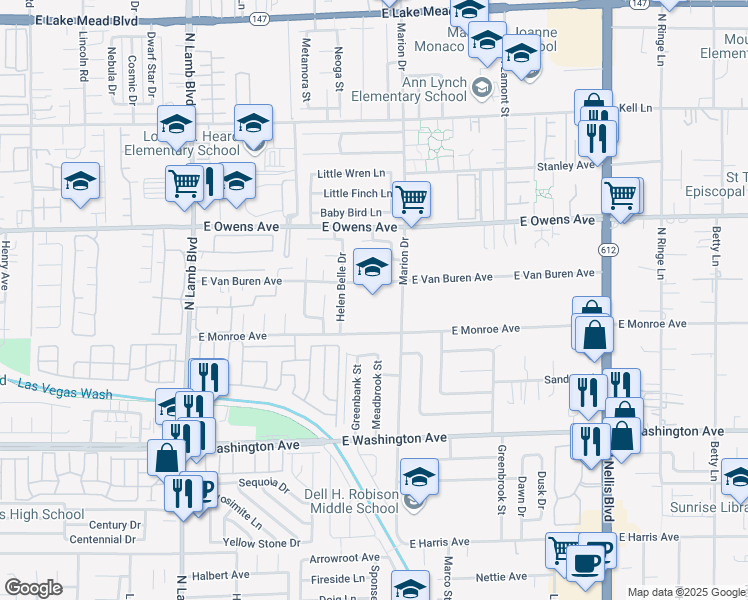 map of restaurants, bars, coffee shops, grocery stores, and more near 1463 Marion Drive in Las Vegas