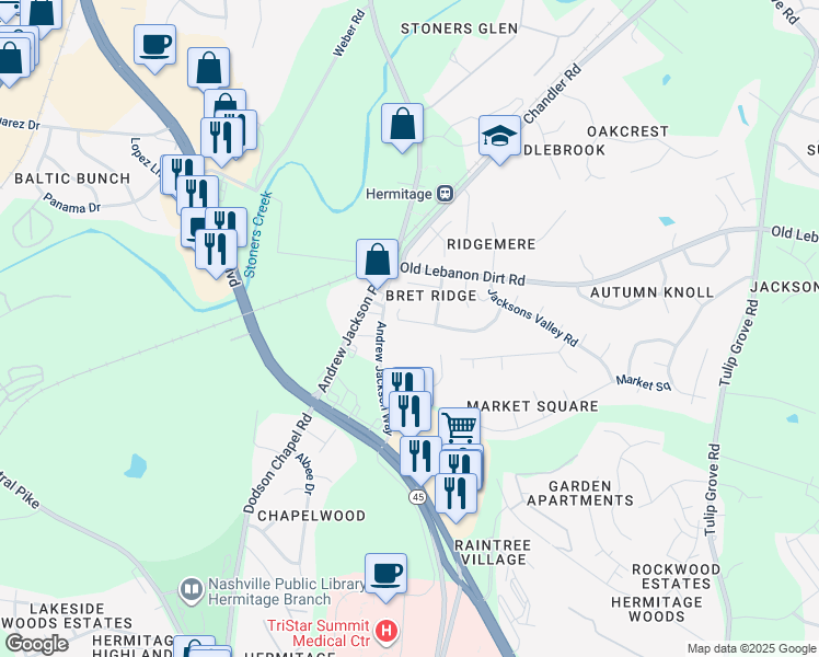 map of restaurants, bars, coffee shops, grocery stores, and more near 1213 Jacksons View Road in Nashville