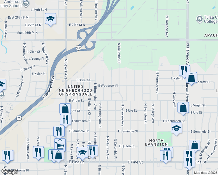 map of restaurants, bars, coffee shops, grocery stores, and more near 2222 North Columbia Avenue in Tulsa