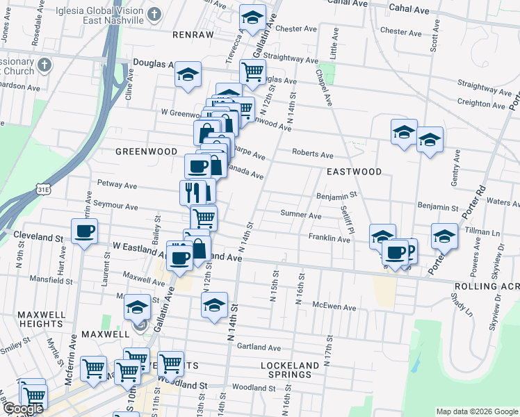 map of restaurants, bars, coffee shops, grocery stores, and more near 1407 Sumner Avenue in Nashville
