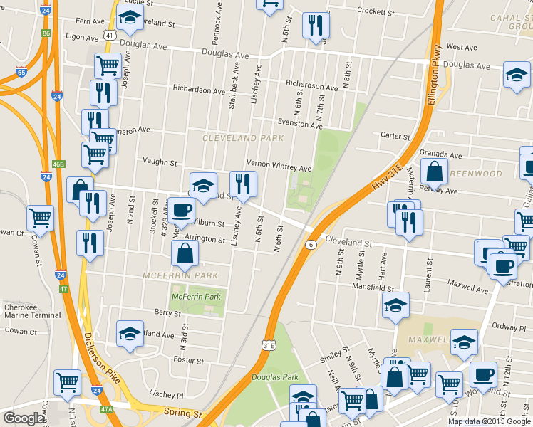 map of restaurants, bars, coffee shops, grocery stores, and more near 827 North 5th Street in Nashville