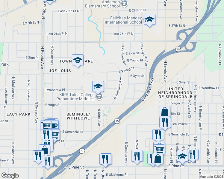 map of restaurants, bars, coffee shops, grocery stores, and more near 1814 East Woodrow Place in Tulsa