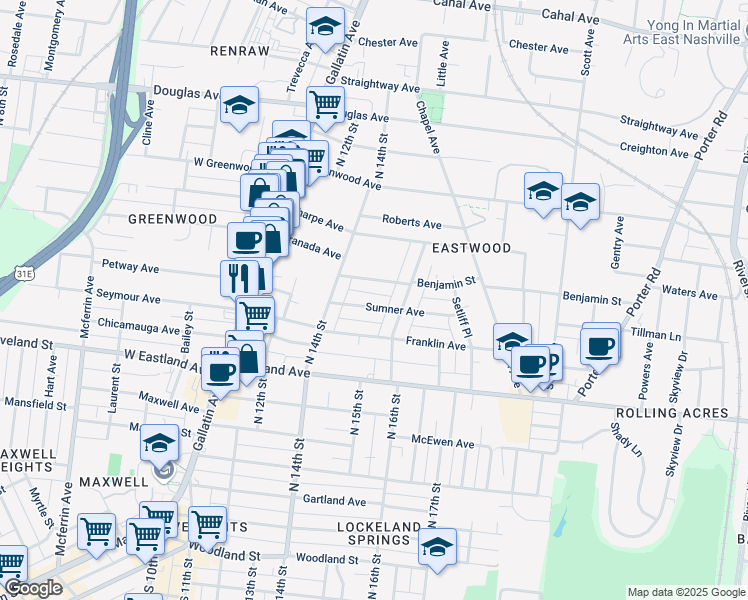 map of restaurants, bars, coffee shops, grocery stores, and more near 1425 Sumner Avenue in Nashville