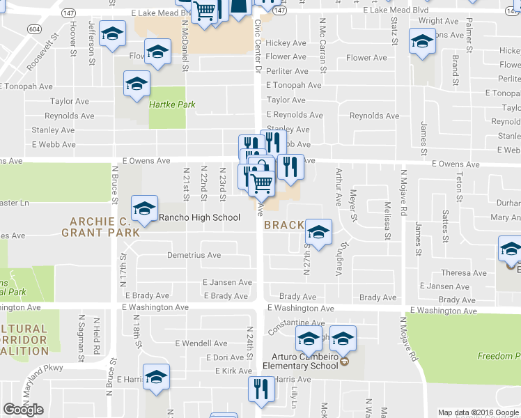 map of restaurants, bars, coffee shops, grocery stores, and more near 1424 N Eastern Ave in Las Vegas